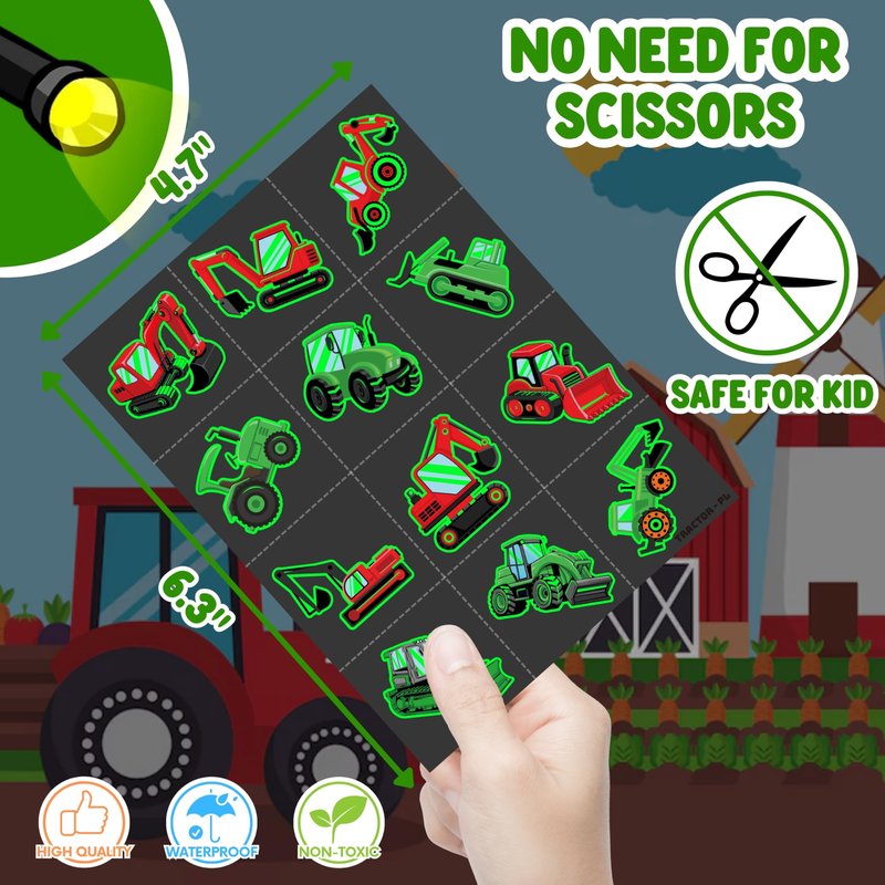 72 PCS Tractor Party Favors – 48 PCS Luminous Tattoos & 24 PCS LED Finger Lights Combo – Birthday Goodie Bag Fillers, Party Supplies, Gifts Light Up Toys Glow In The Dark for Boys and Girls