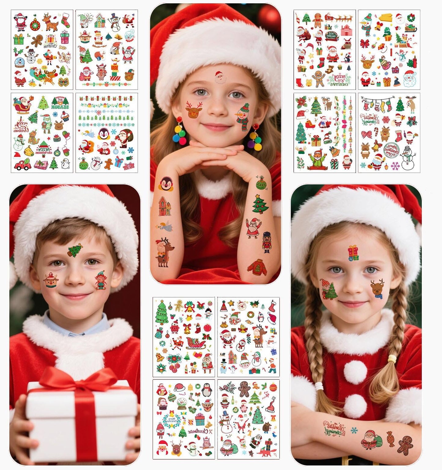 24sheets Christmas Face Temporary Tattoos Christmas Accessories Holiday Makeup Tattoo Stickers Santa Trees Snowman Deer Stocking Stuffers Party Favors for Arm Body Makeup Decals