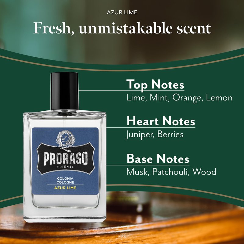 Proraso Azur Lime Cologne - Masculine Fresh Citrus Eau de Cologne - Mint, Lemon, Orange & Musk Fragrance for Men - 3.4oz