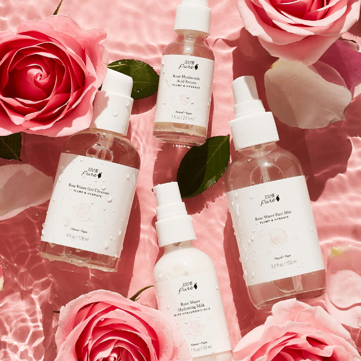 100% PURE Rose Water Hydrating Milk - Lightweight Face Moisturizer with Hyaluronic Acid & Squalene to Soothe and Replenish Dry, Dehydrated Skin - Vegan - 1.7oz