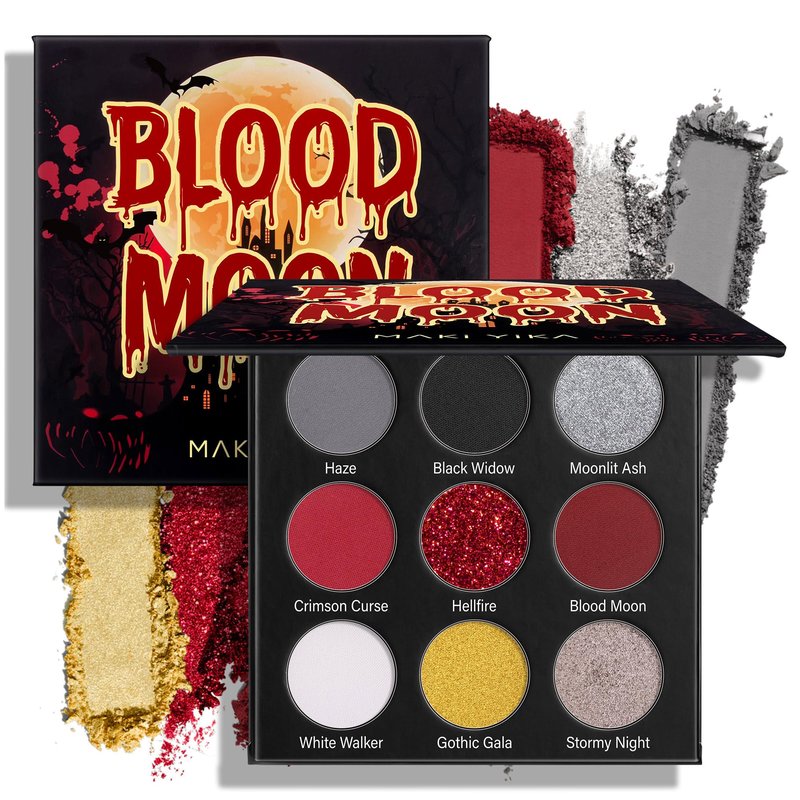 MAKI YIKA Black Red Eyeshadows Palette 9Color Pigmented Dark Red Black Grey Eye Shadows Long Lasting Eyeshadow Halloween Goth Eye Makeup-Black Red