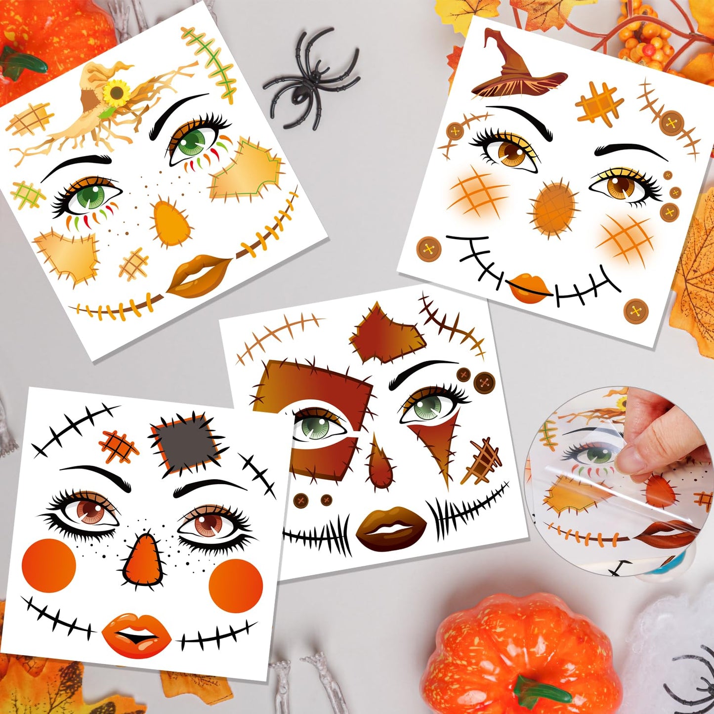 HOWAF 4 Sheets Scarecrow Face Tattoos for Halloween Scarecrow Costume, Straw Witch Sunflower Temporary Tattoos for Scarecrows Cosplay Supplies, Scarecrows Fake Tattoos Full Face Tattoo