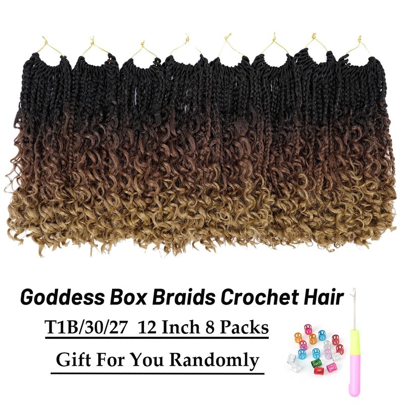 Goddess Box Braids Crochet Hair 12 Inch 8 Packs Pre-looped Bohemian Crochet Boho Box Braids With Curly Ends 3X Crochet Braids Hair for Women Synthetic Braiding (12 inch, T1B/30/27)