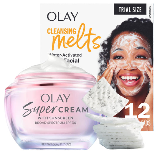 Olay Super Cream with Sunscreen SPF 30, Lightweight Face Moisturizer with Sun Protection, 5-in-1 Skin Care Benefits (1.7 oz) & Trial Size Vitamin C Cleansing Melts, Water-Activated Face Wash (12 ct)
