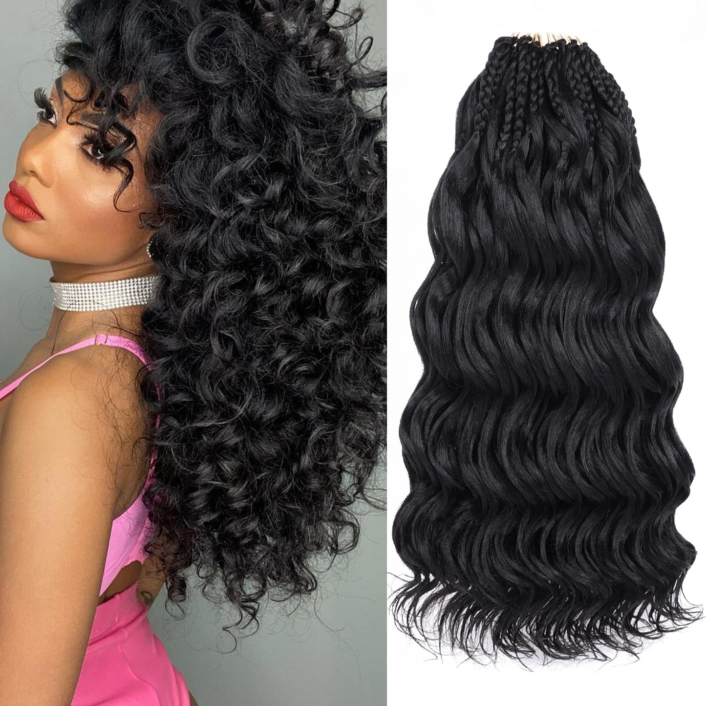 Leeven 14 Inch Pre Looped Ocean Wave Crochet Hair 8 Packs Black Short Curly Crochet Hair Boho Ocean Braids Pre Twisted Synthetic Deep Wavy Crochet Braids for Women