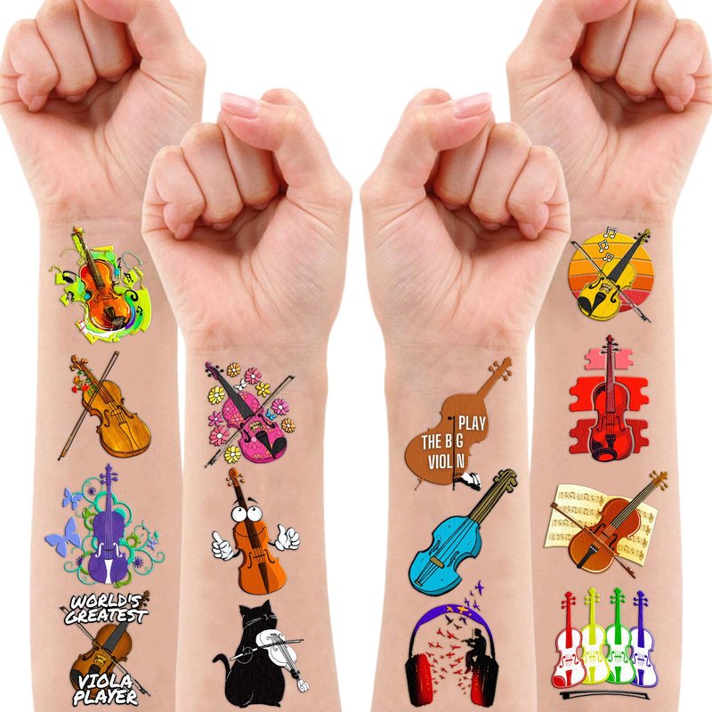96PCS Violin Temporary Tattoos Music Themed Birthday Party Decorations Favors Supplies Decor Musical Instrument Orchestral Violinist Tattoo Stickers Gifts For Kids Boys Girls School Prizes Carnival