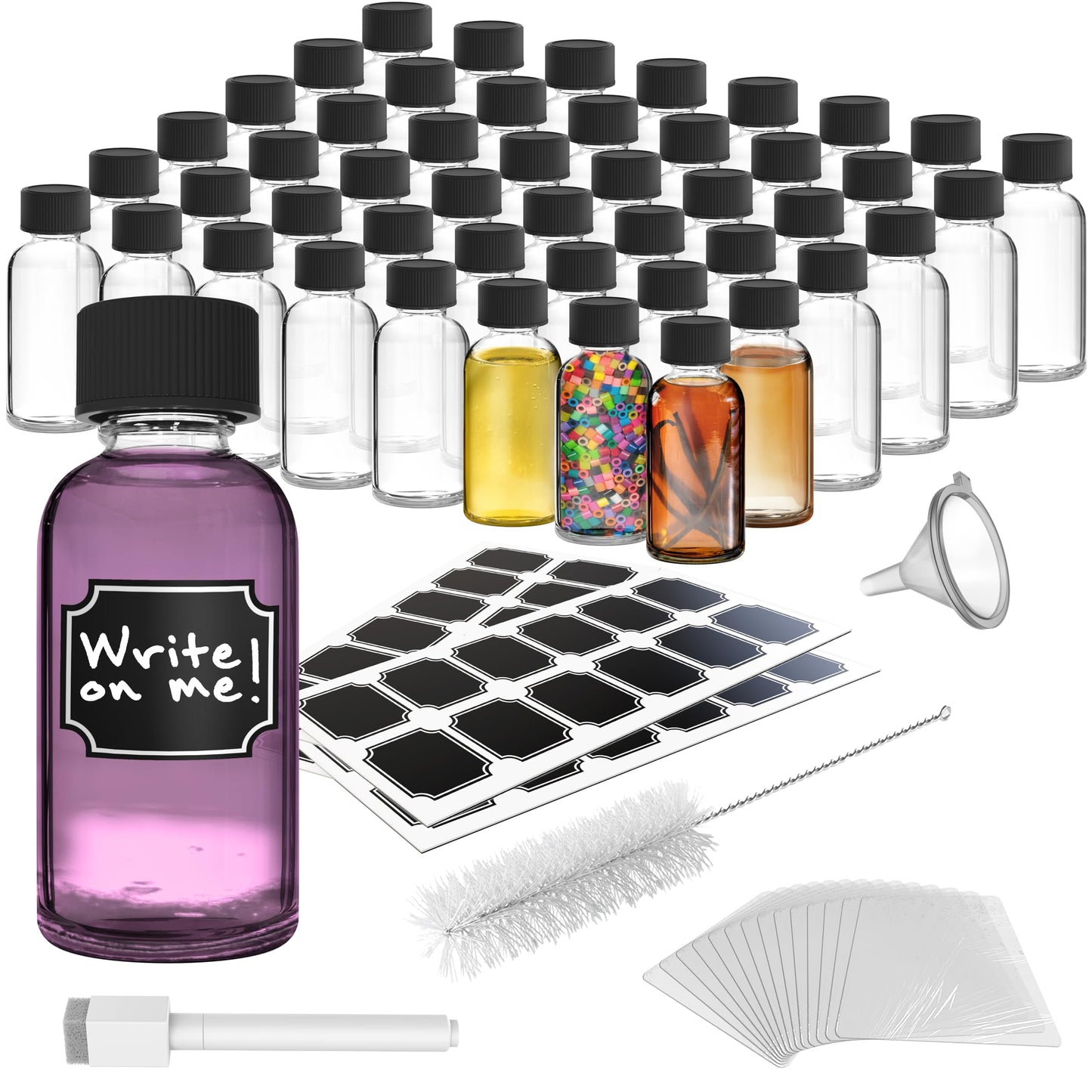 Nevlers Clear 2 Oz Glass Bottles with Lids 48 Pack | 59mL Juice Shot Bottles with Caps for Immunity & Wellness Shots, Ginger, Vanilla Extract, Perfume | Leakproof Travel Shot Bottle Set w/Accessories