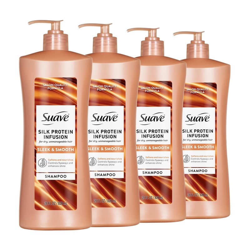 Suave Silk Protein Smooth & Sleek Shampoo for Dry, Unmanageable Hair, Anti-Humidity + 48HR Frizz Control, Enhances Shine, 28 FL OZ Pump, 4 Count
