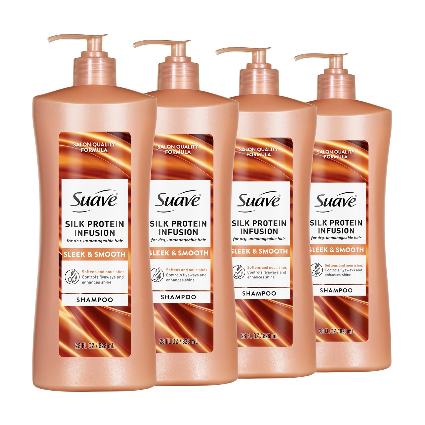 Suave Silk Protein Smooth & Sleek Shampoo for Dry, Unmanageable Hair, Anti-Humidity + 48HR Frizz Control, Enhances Shine, 28 FL OZ Pump, 4 Count