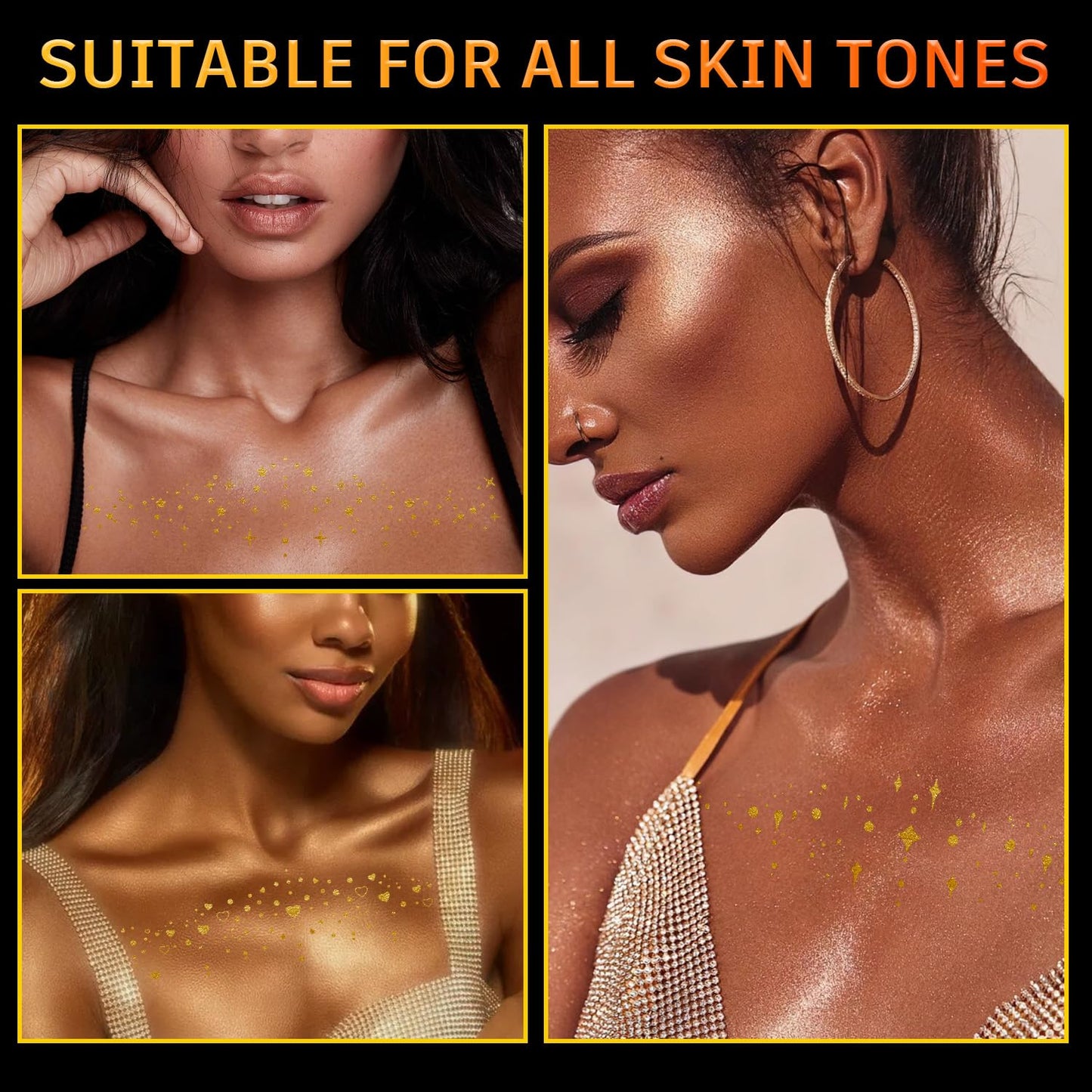 8 Pcs Body Glitter Tattoos, Gold Collarbone Temporary Fake Tattoos, Waterproof Body Glitter Freckles Patches for Women, Suitable for Beaches, Bars, Concerts