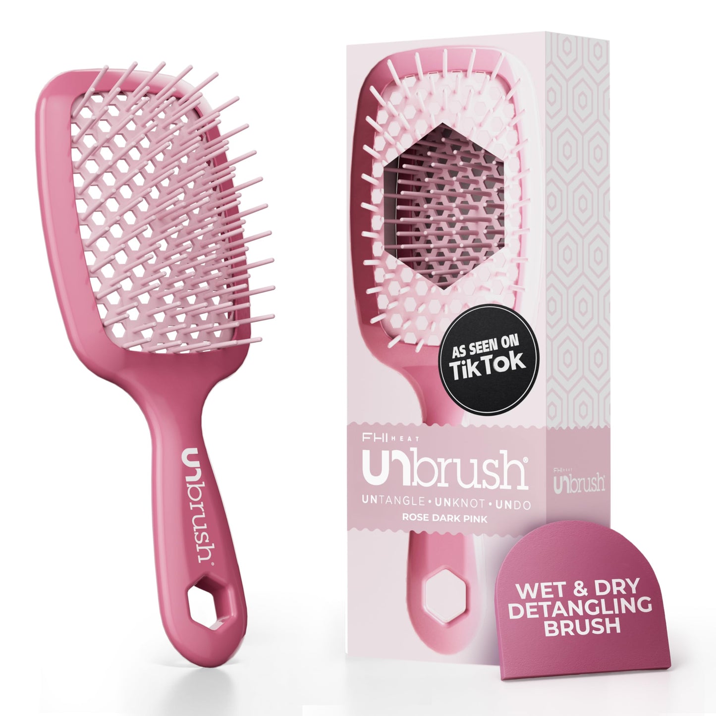 FHI Heat UNbrush Detangling Brush for Pain-Free Brushing on All Wet or Dry Hair Types — Durable DuoFlex Anti-Static Bristles, Lightweight Handle, Vented Hair Brush, Rose Dark Pink