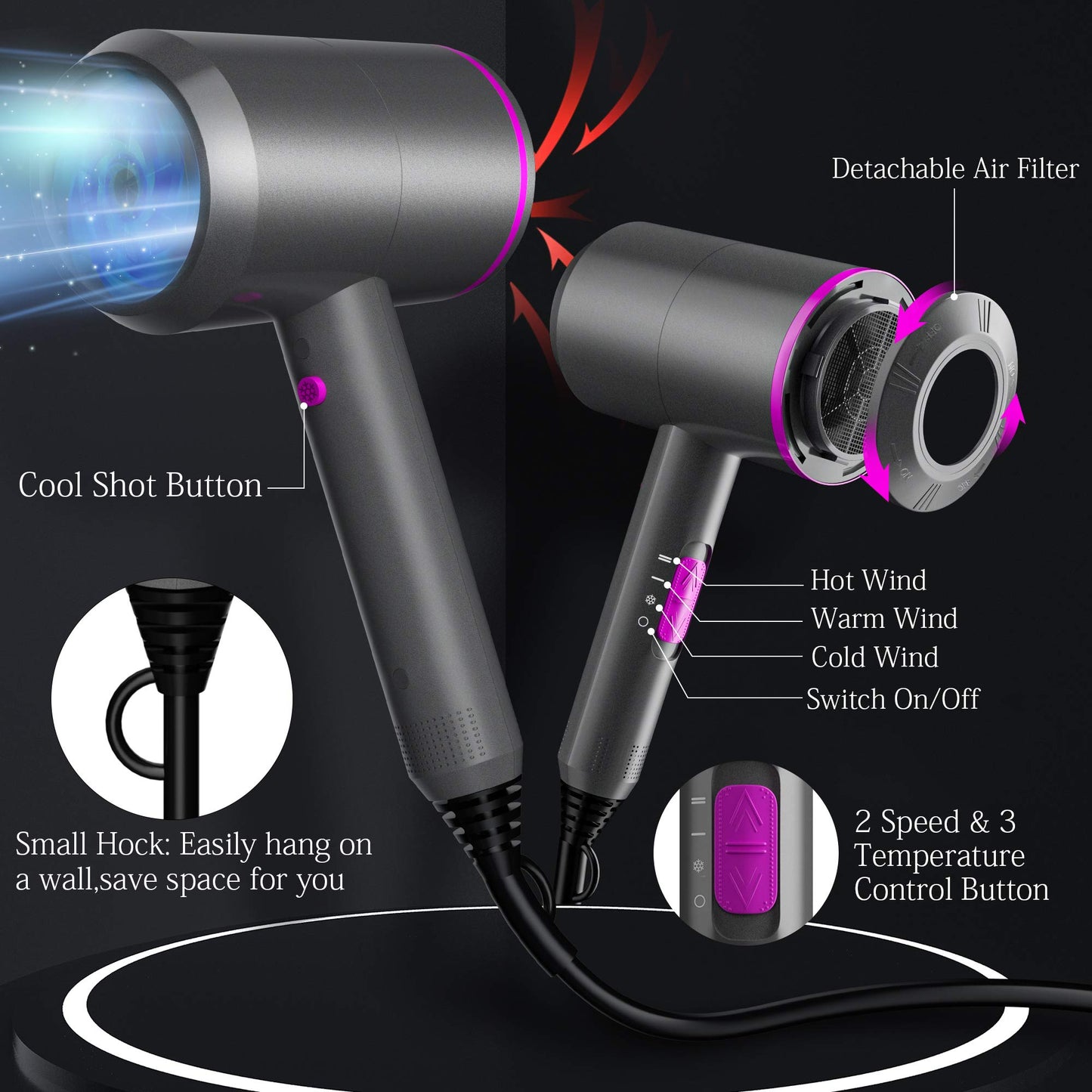 Fezax Ionic Hair Dryer 2000W Salon Performance AC Motor Styling Tool/Hair Dryer Professional Blow Dryer Negative Ion Fast Drying for Hair Care 3 Heating / 2 Speed/Cold, for Home Travel Hotel