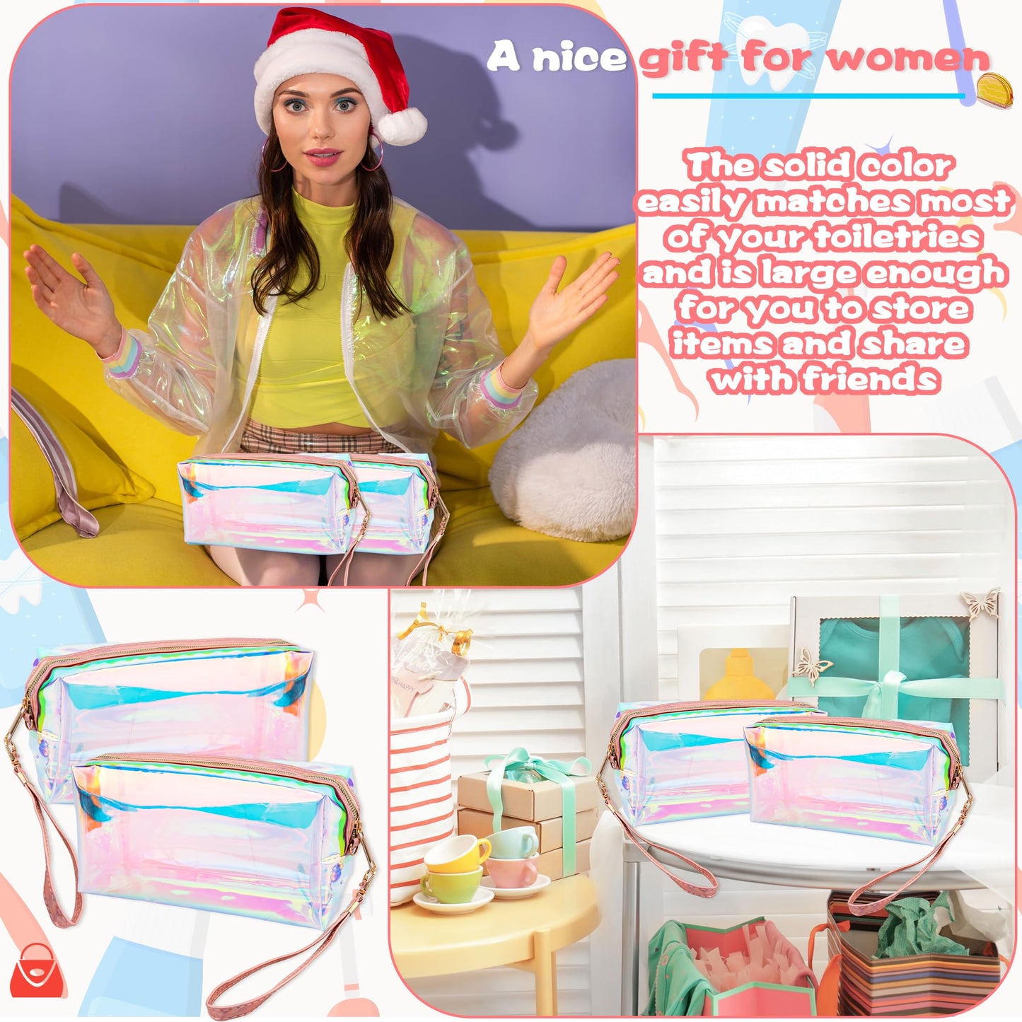 Conagel 10 Pcs Holographic Clear Makeup Bags Iridescent Cosmetic Bags Travel Cosmetic Bags with Zipper Wrist Loop Waterproof Toiletries Organizer for Home Office Wedding Bachelorette Use