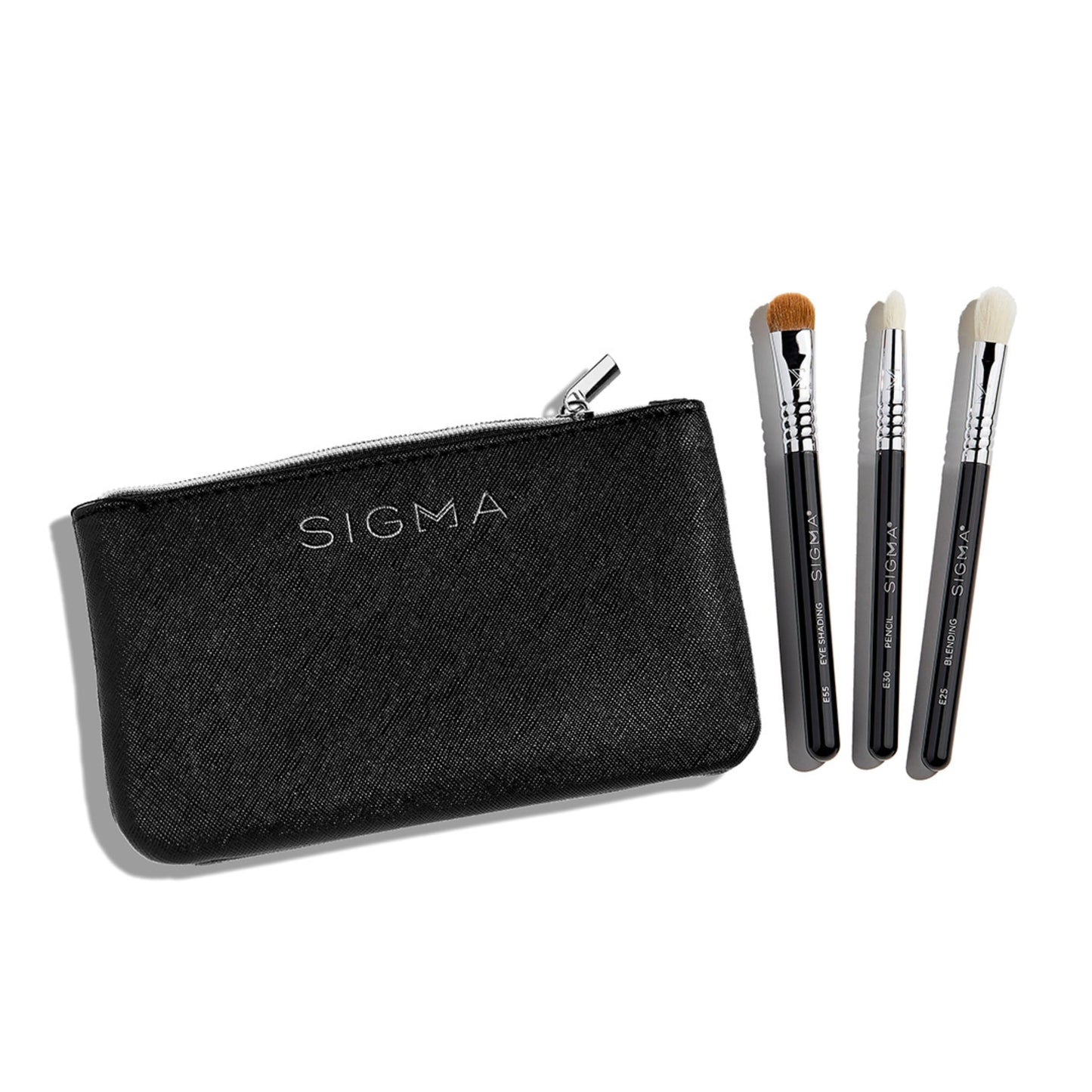 Sigma Beauty Glam ‘N Glow Mini Eye Makeup Brush Set – Set of 3 Eye Makeup Brushes for Blending, Shading, Lining, and Smudging, Includes Stylish Black Small Makeup Bag (4 Pcs)