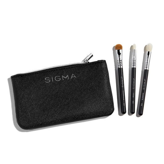 Sigma Beauty Glam ‘N Glow Mini Eye Makeup Brush Set – Set of 3 Eye Makeup Brushes for Blending, Shading, Lining, and Smudging, Includes Stylish Black Small Makeup Bag (4 Pcs)