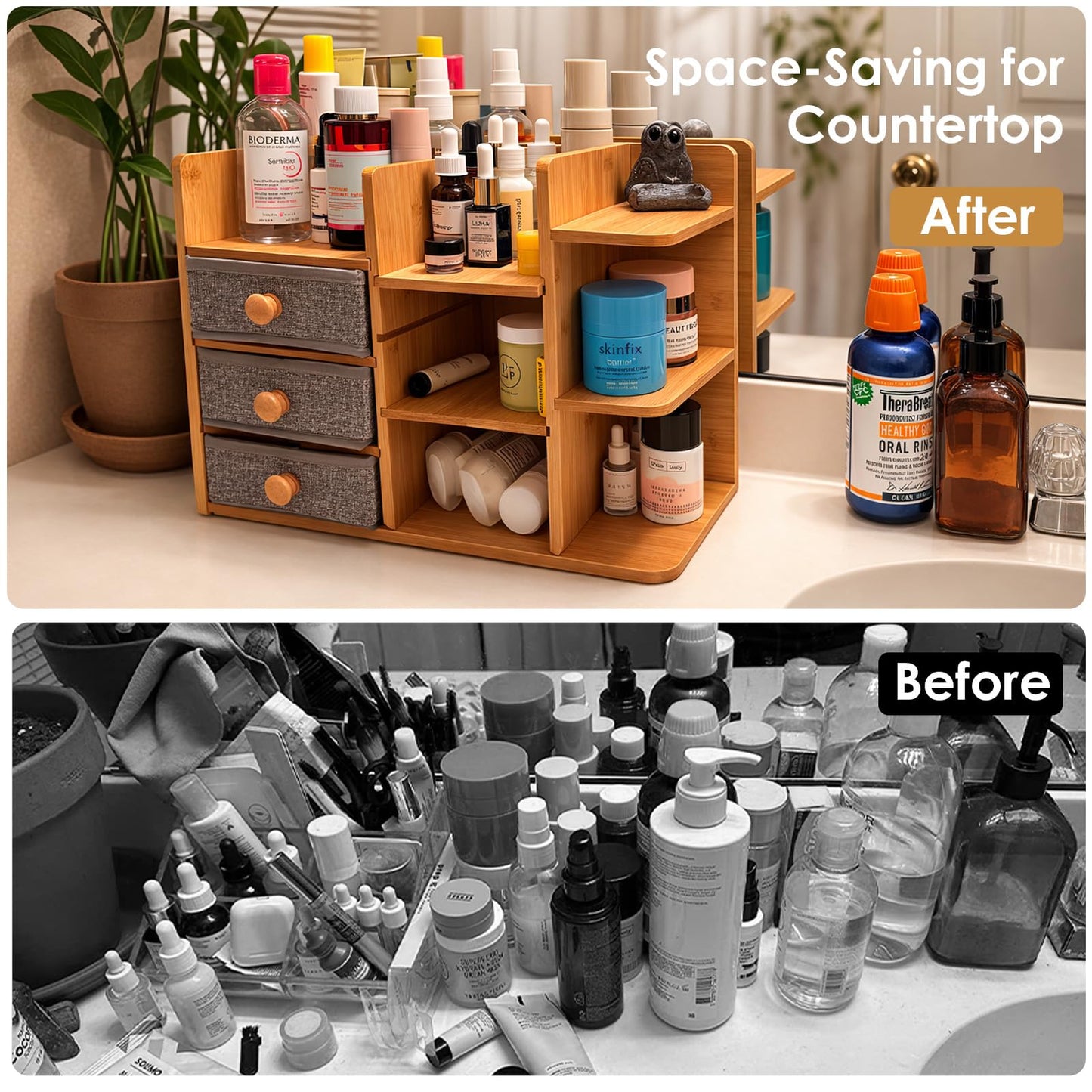 Large Makeup Organizer Countertop For Vanity Dresser, Bamboo Bathroom Counter Organizers And Storage,Cosmetic Skincare Perfume Organizer With 3 Makeup Brush Holder/2 Drawers/5 Shelves /8 Compartments