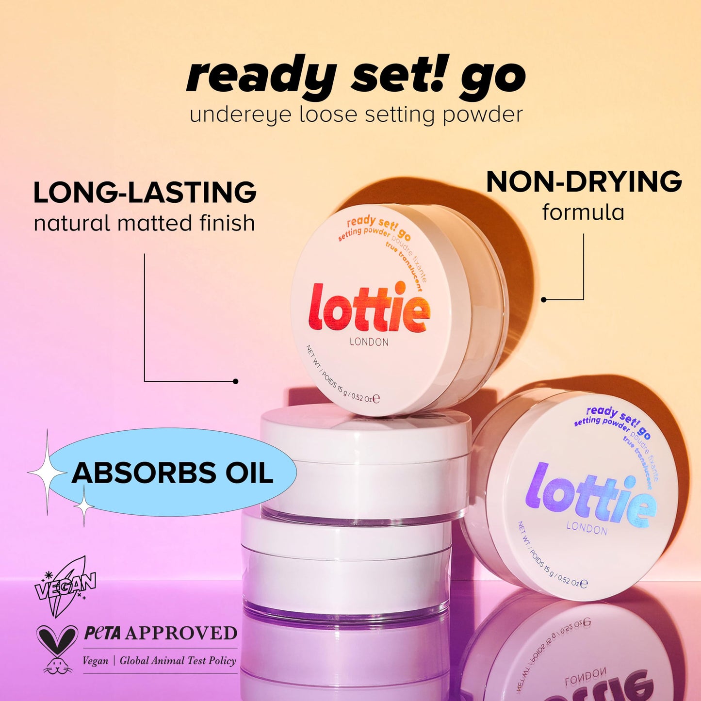 Lottie London Ready Set! Go in Brightening Pink, Setting Powder infused with Hyaluronic Acid, Long-wear & Soft-Focus Matte Finish