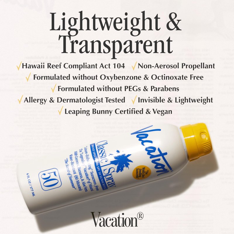 Vacation Classic Sunscreen Spray SPF 50, Water-Resistant, Lightweight, Transparent on All Skin Tones, Dermatologist-Tested, Vegan, 6 Fl. Oz. (Value Pack of 3)