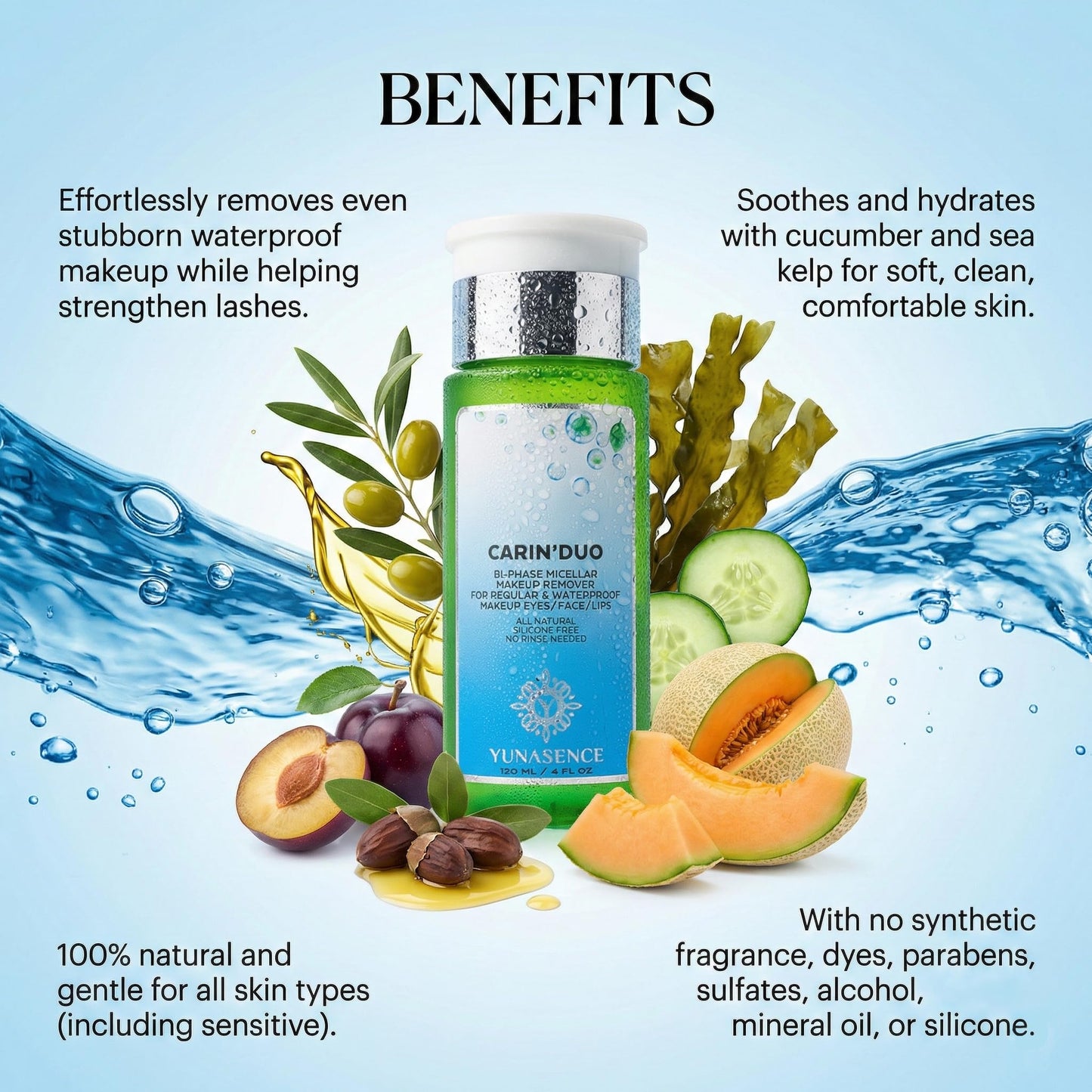 Sweetsation Therapy YUNASENCE CARIN’DUO Bi-Phase Micellar Makeup Remover for Regular and Waterproof Makeup. Eyes/Face/Lips, 4oz. 100% Natural. Silicone free. Cyclopentasiloxane free.