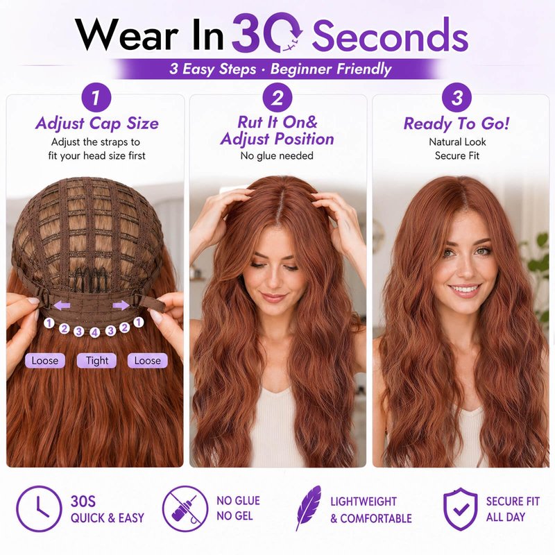 Eawwii Ginger Long Wavy Wig for Women, Pre-Cut HD Lace Natural Hairline, Glueless Middle Part, Synthetic Fiber for Daily and Party Use 26Inch