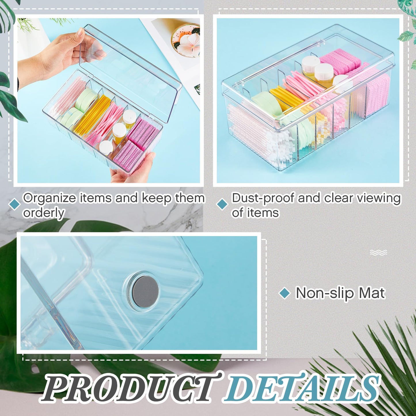Teenyyou 2 Pcs 8.5 x 4.9 x 3.5 Inch Large Capacity Acrylic Lash Extension Cart Organizers and Storage 6 Divided Eyelash Extension Supply Storage Box Clear Eyelash Cart with Lid Technician Lash Techs