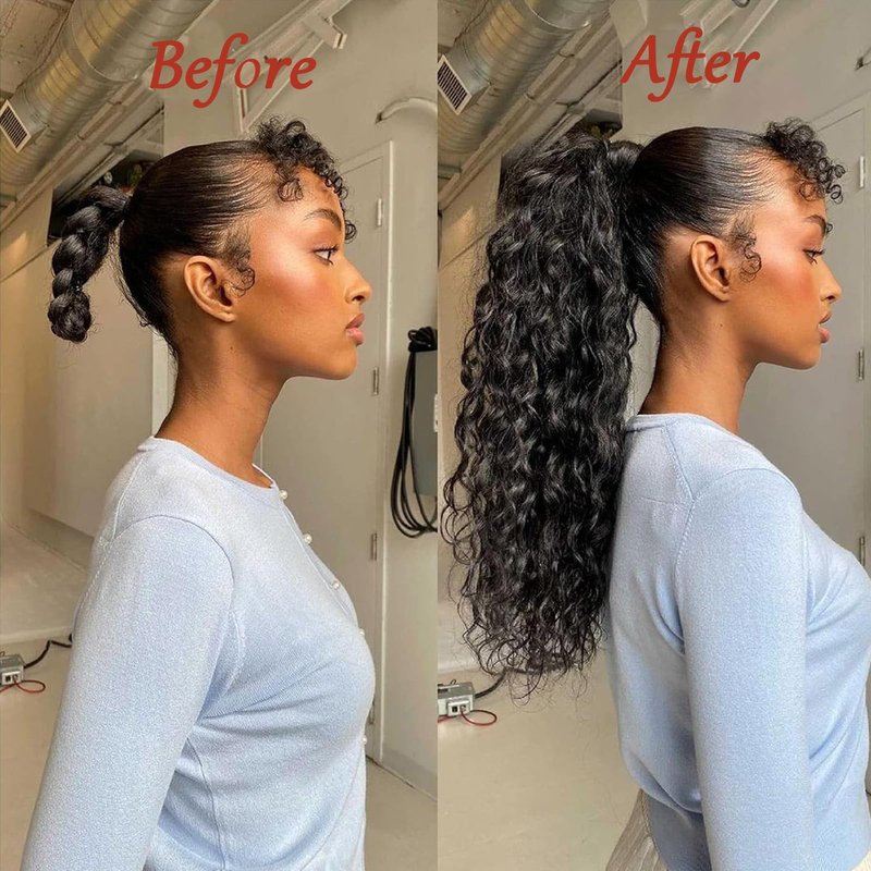 SAKALAKA Ponytail Extension Drawstring Human Hair Clip in Pony Tail Extensions for Black Women Curly Wave Thick Natural Looking Hair Pieces Water Wave Human Hair Ponytail（16Inch）