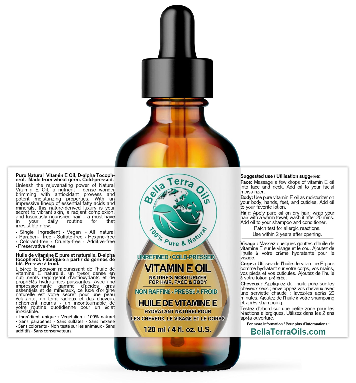 Bella Terra Oils Natural Vitamin E Oil 4oz – Wheat Germ Derived Vitamin E Oil for Soft, Healthy-Looking Skin
