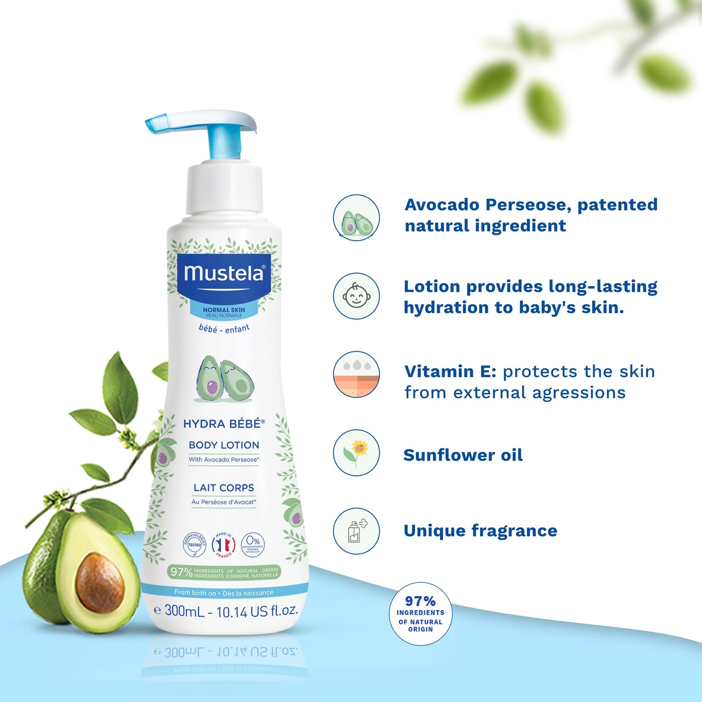 Mustela Hydra Bebe Body Lotion Daily Moisturizing Baby Lotion with Natural Avocado, Jojoba and Sunflower Oil,10.14 Fl Oz - 2-Pack