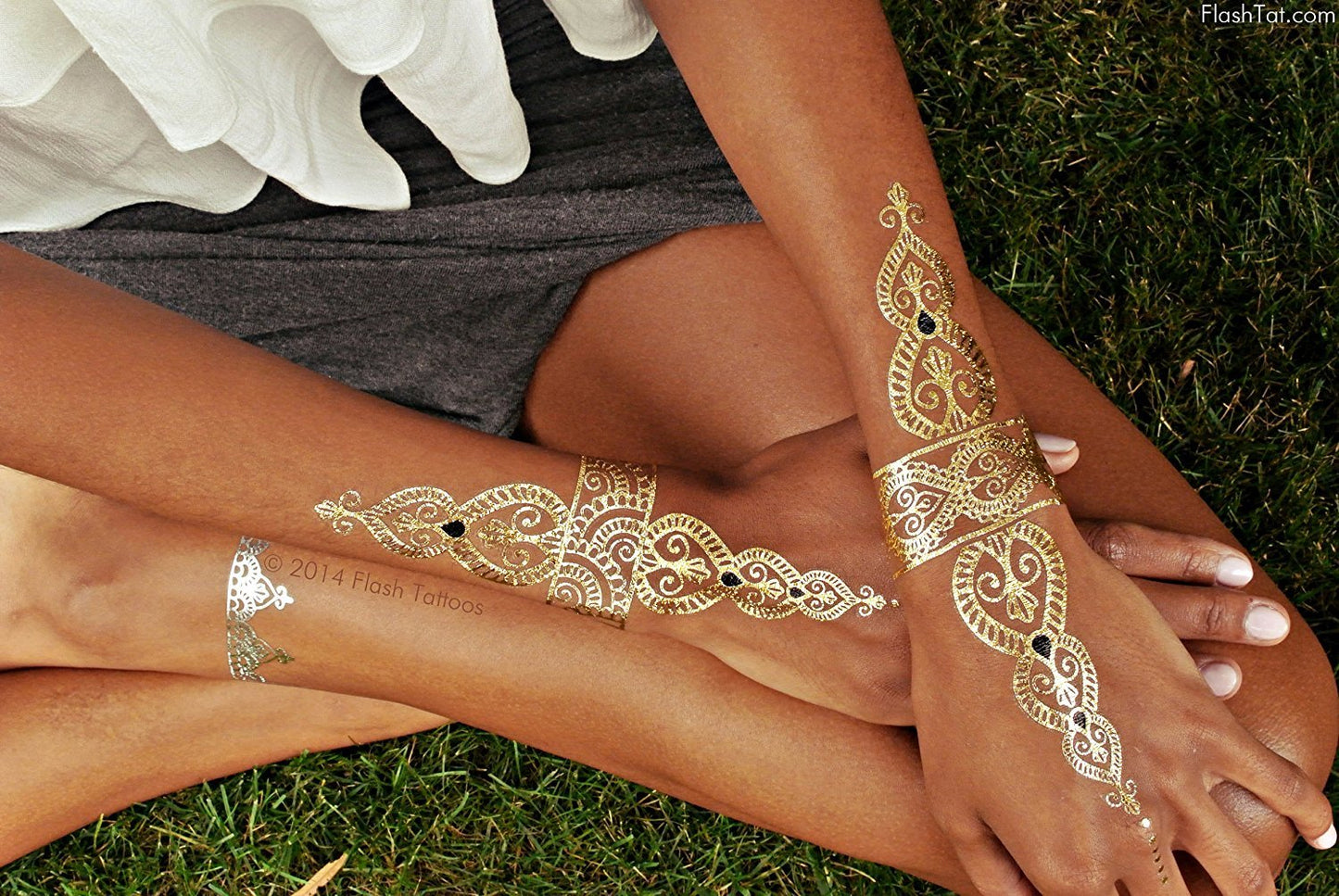 Flash Tattoos Sheebani Authentic Metallic Temporary Jewelry Tattoos 4 Sheet Pack (Black/gold/silver) Includes over 19 assorted premium henna inspired waterproof tattoos
