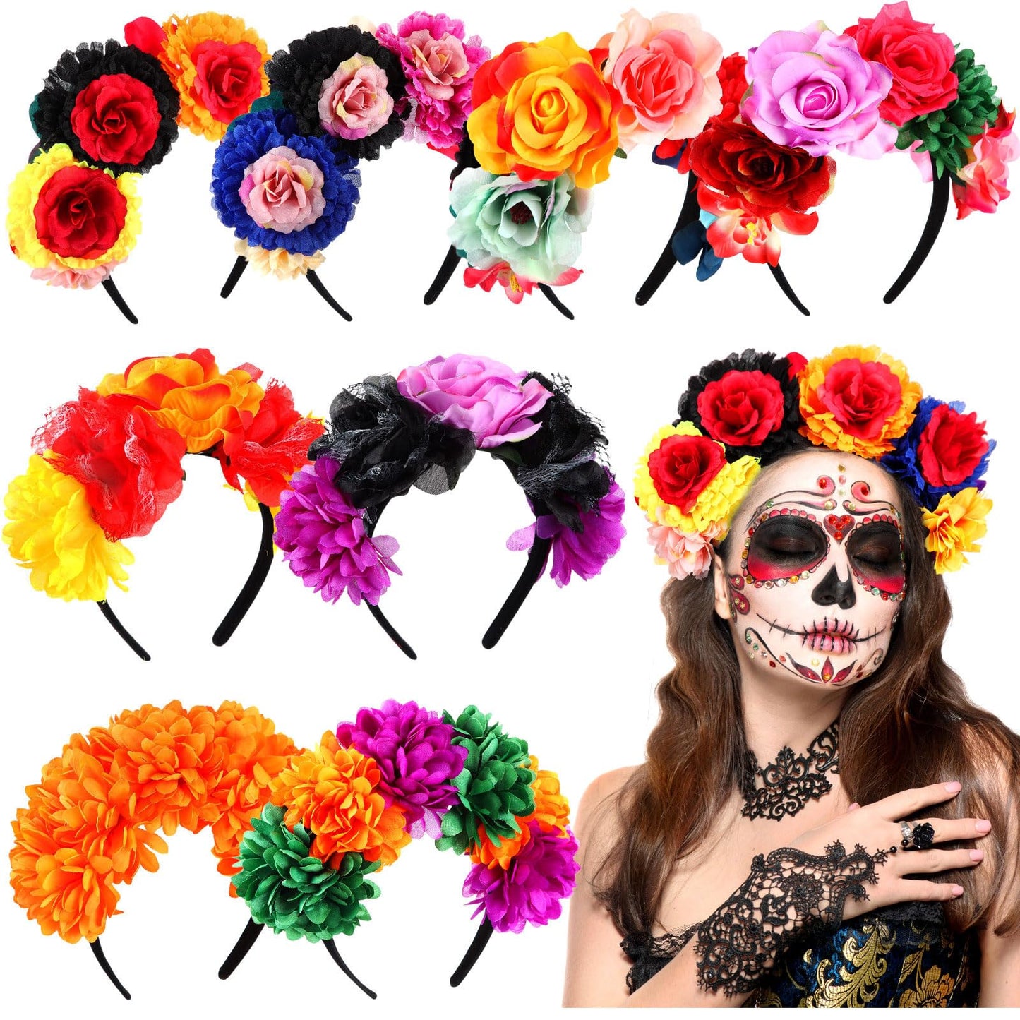Zeyune Mexican Flower Headband Fiesta Rose Flower Crown Costume Mexican Headpiece for Women Party Cosplay Halloween(Bright Color,8 Pcs)