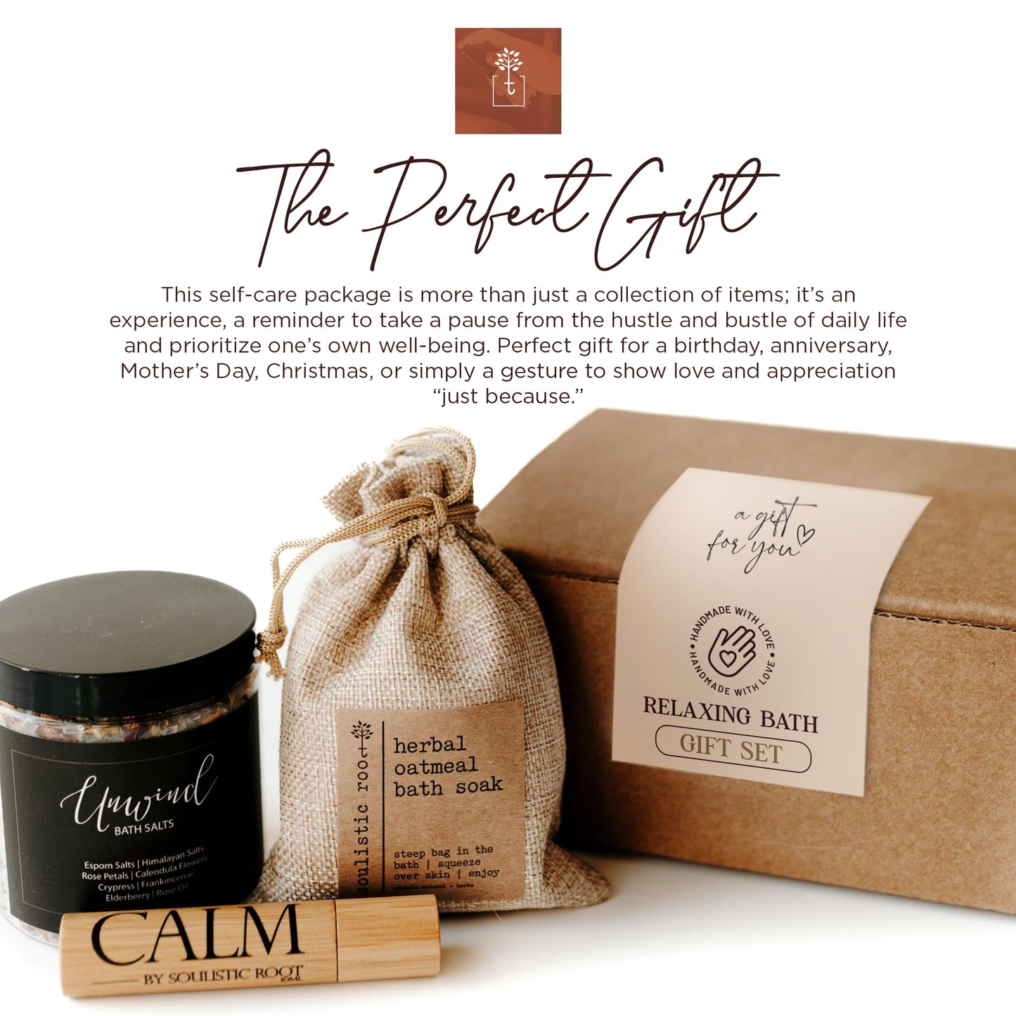 SOULISTIC ROOT Revitalizing Bath Gift - Premium Self-Care Bath & Body Set with Lavender Oatmeal Soak, Tranquil Essential Oil Roller, Epsom Salt Soak, Home Spa Kit, Ready-to-Gift Box