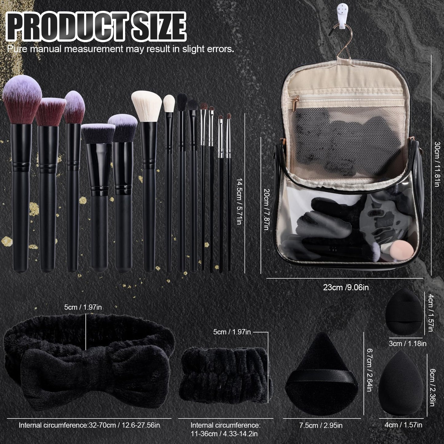 BS-MALL Makeup Brush Set with Waterproof Travel Bag & Makeup sponges -26 Pcs Set Triangle Puff & Face Washing Puffs,Face Wash Headband Wristband for Travel Go Camping Gift & Makeup Beginners (Black)