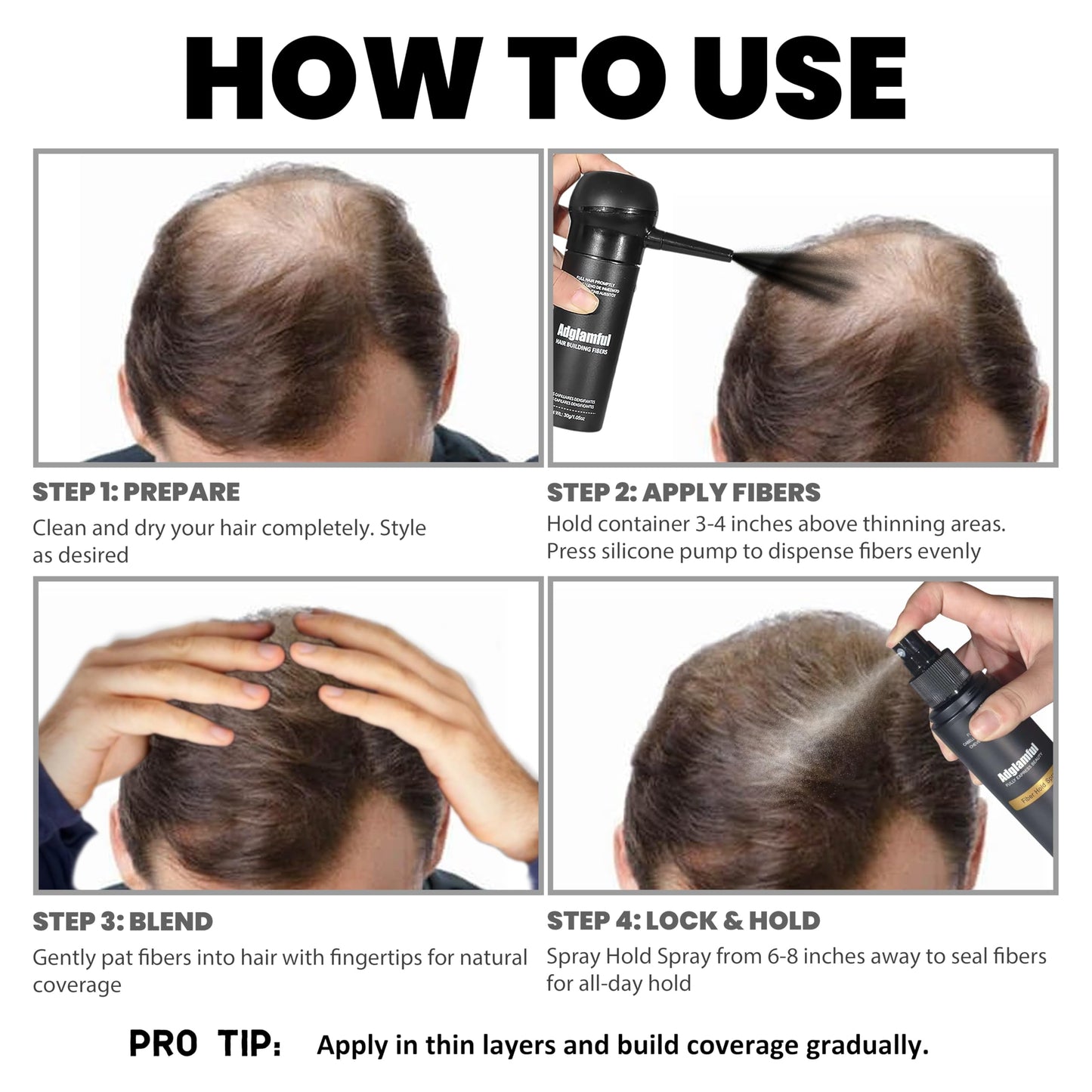 Adglamful Hair Building Fibers Kit for Thinning Hair, Hair Thickening Fiber & Hold Spray for Instant Natural Finish, Long-Lasting Coverage, Conceals Sparse Roots & Hairline- Dark Brown, 30g+120ml