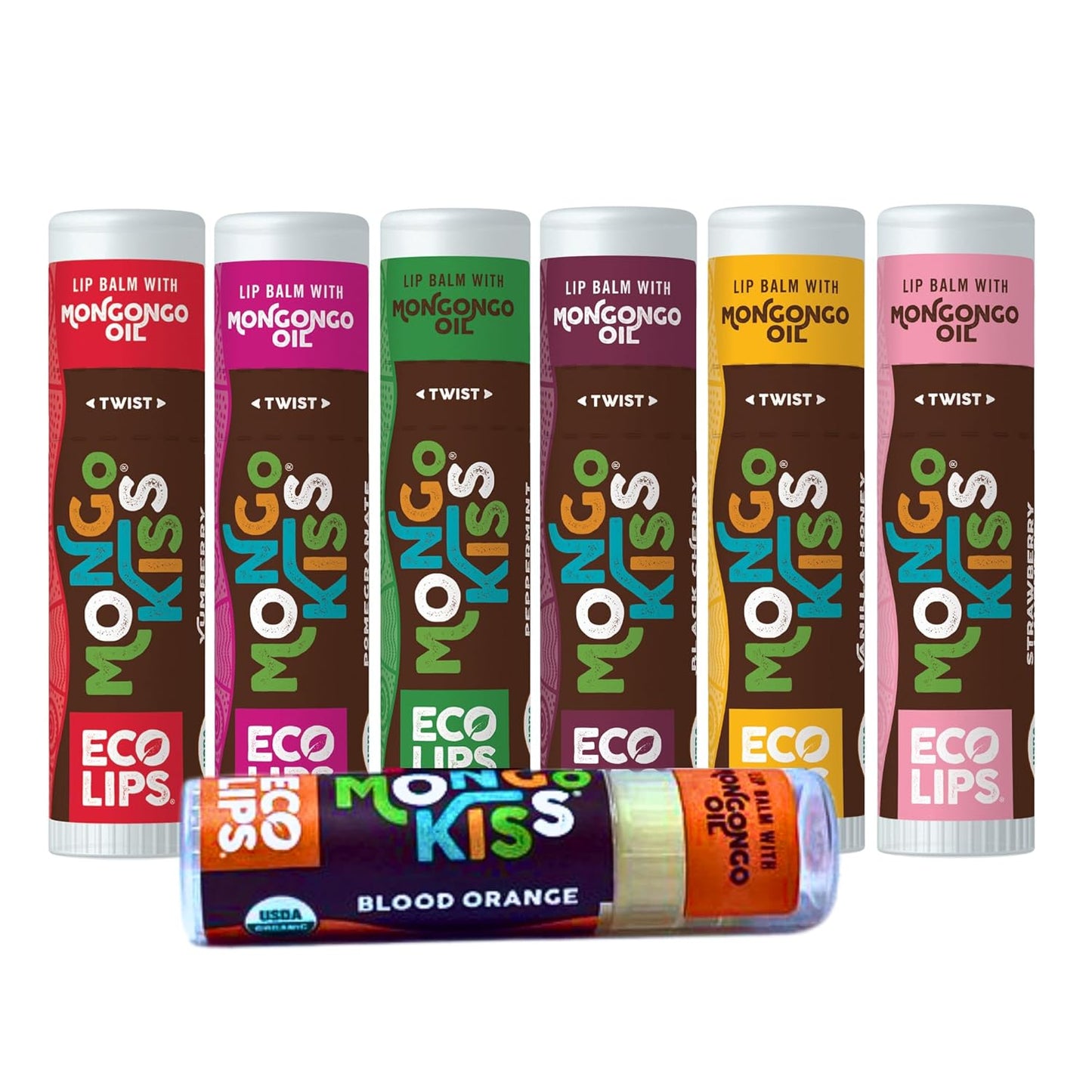 Eco Lips Mongo Kiss Organic Lip Balm 7-Pack | Nourishing Flavors: Blood Orange, Black Cherry & More