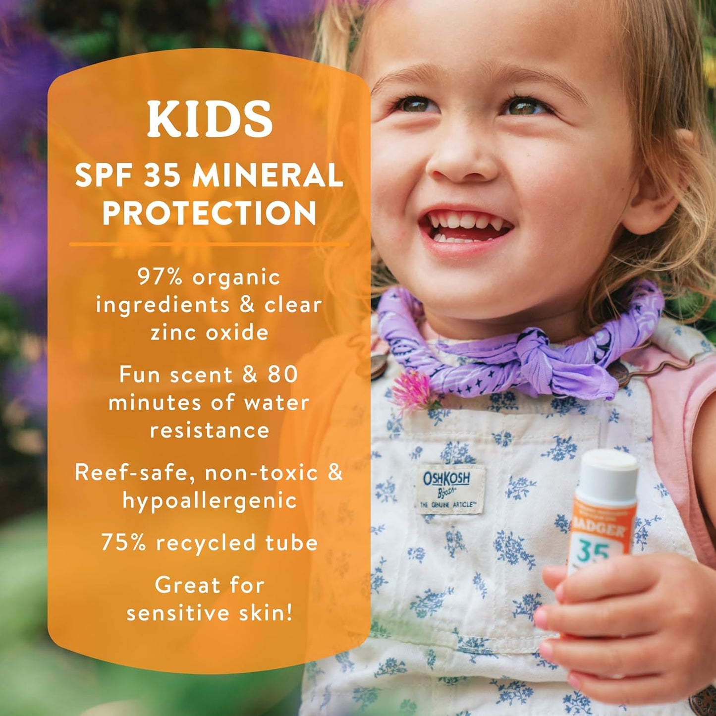 Badger Kids Mineral Sunscreen - SPF 40 Cream & SPF 35 Face Stick | 98% Organic, Water Resistant, Reef Safe, Tangerine & Vanilla Scent