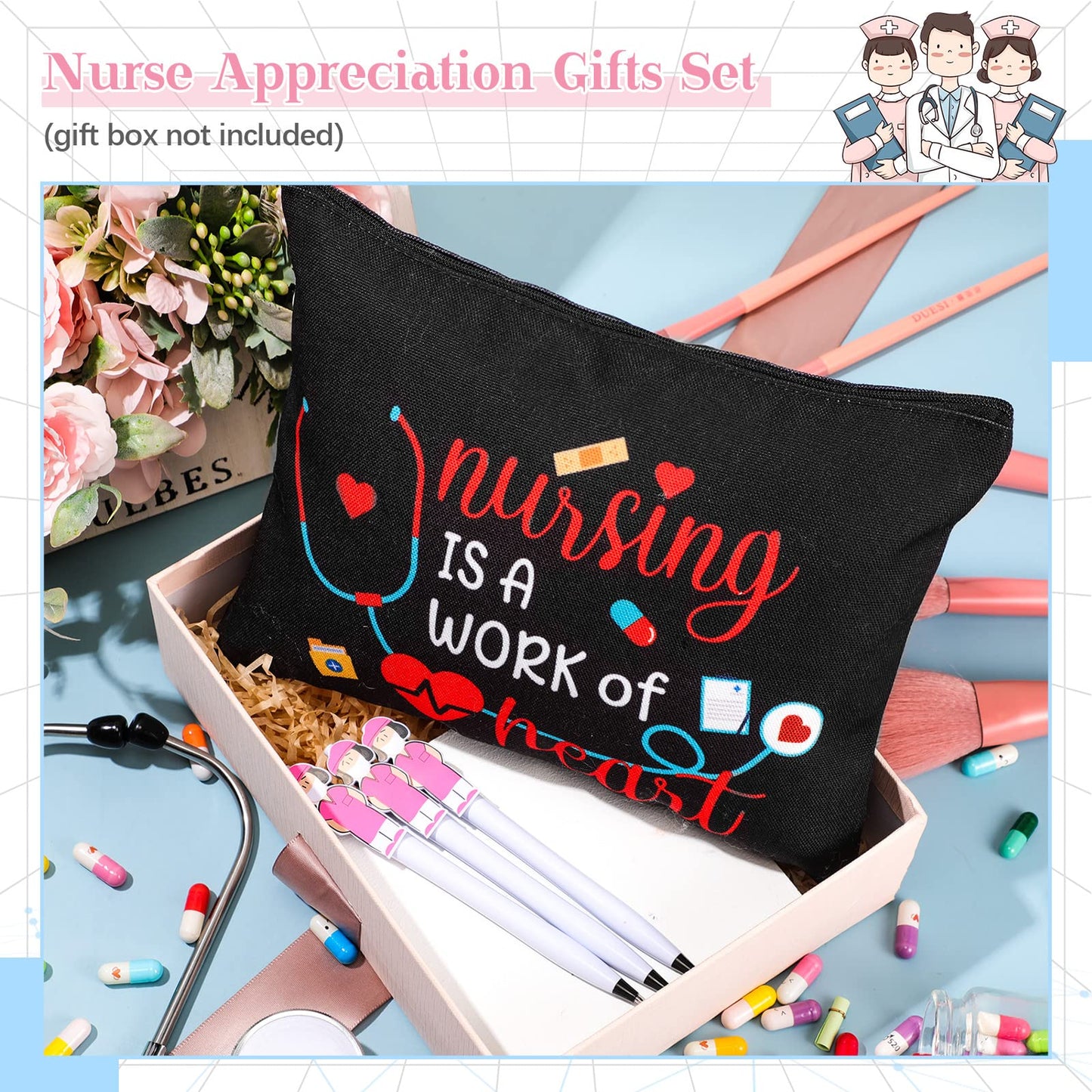 LEIFIDE 24 Pcs Nurse Week Gifts Bulk 2026 Rn Nurses Appreciation Gift for Women Include 12 Canvas Makeup Cosmetic Bag with Zipper and 12 Ballpoint Pen Accessories for Graduation(Adorable Style)
