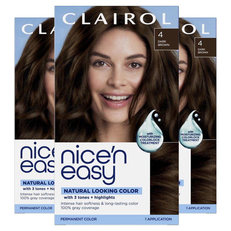 Clairol Nice'n Easy Permanent Hair Dye, 4 Dark Brown | 100% Gray Coverage | Long‑Lasting, Natural‑Looking Color & Shine | Pack of 3