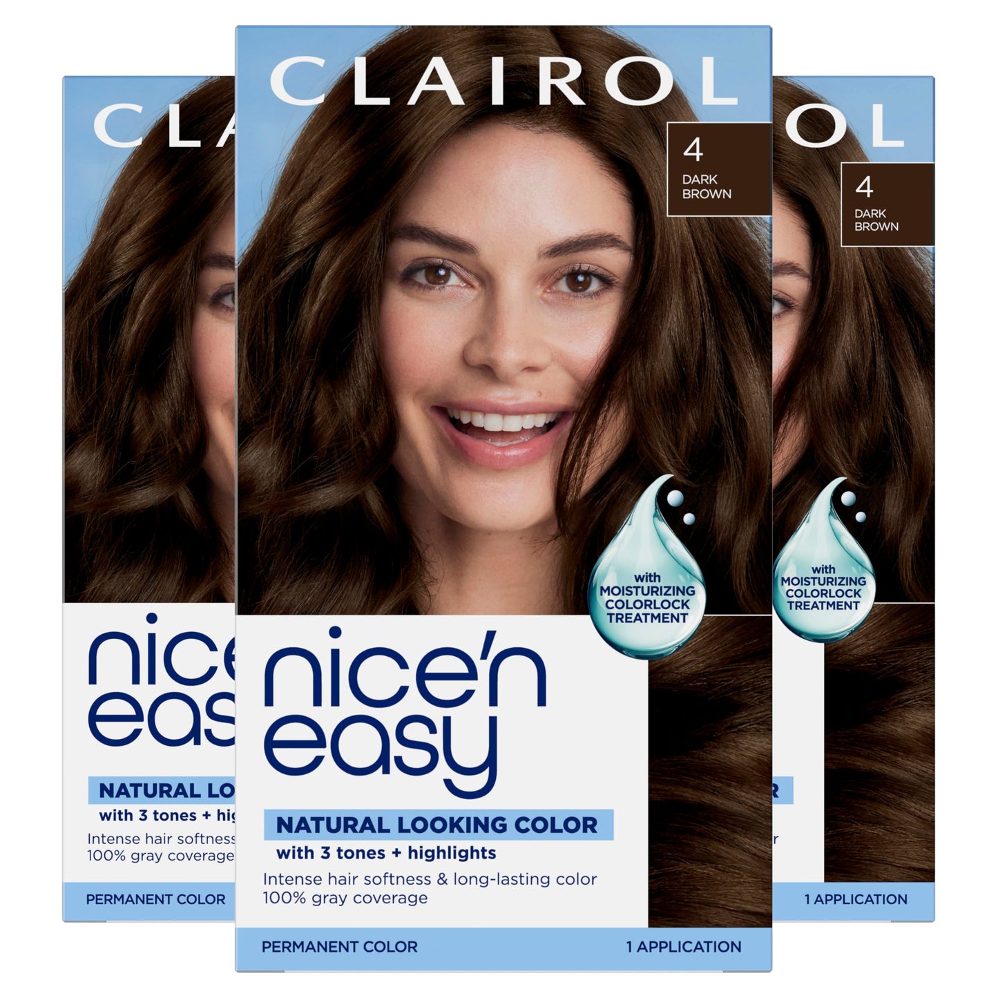 Clairol Nice'n Easy Permanent Hair Dye, 4 Dark Brown | 100% Gray Coverage | Long‑Lasting, Natural‑Looking Color & Shine | Pack of 3