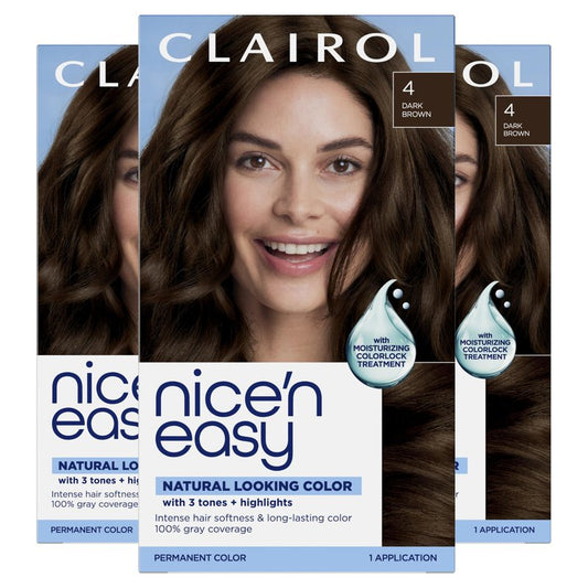 Clairol Nice'n Easy Permanent Hair Dye, 4 Dark Brown | 100% Gray Coverage | Long‑Lasting, Natural‑Looking Color & Shine | Pack of 3