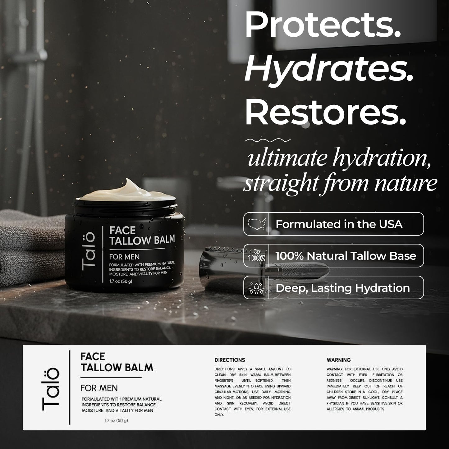 Talö Beef Tallow Moisturizer for Men | Natural Grass Fed Beef Tallow for Face | Rich in Vitamins w/No Fillers & Synthetics | Anti-Aging Face Cream for Dry & Sensitive Skin | 1.7fl. oz jar