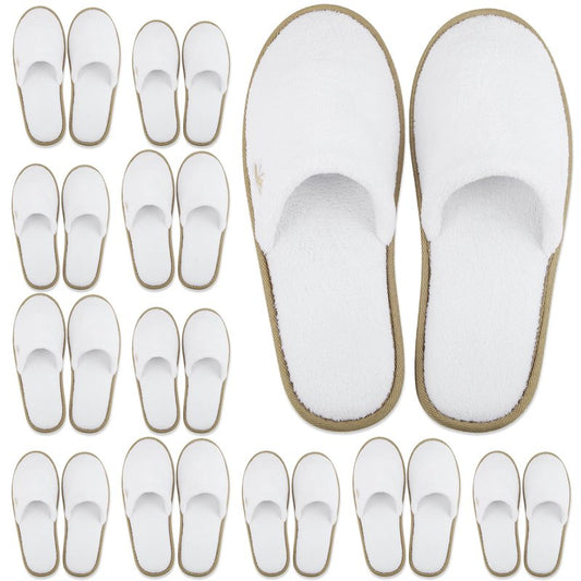 BERGMAN KELLY Spa Slippers, Closed Toe (Medium & Large, 12 Pairs, White + Cocoa Trim), Disposable Indoor Hotel Slippers for Men and Women, Fluffy Coral Fleece, Deluxe Padded Sole for Extra Comfort