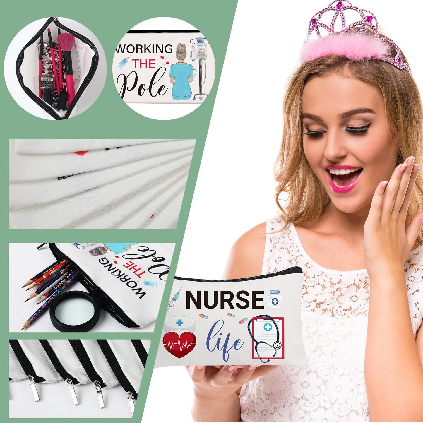 Irenare 30 Pcs Nurse Gifts for Women Nurse Survival Kit Canvas Makeup Bags Cosmetic Appreciation Peace Love Nursing Travel Toiletry Case Earpiece Toiletry Zipper Pouch Bag Thank You Gift