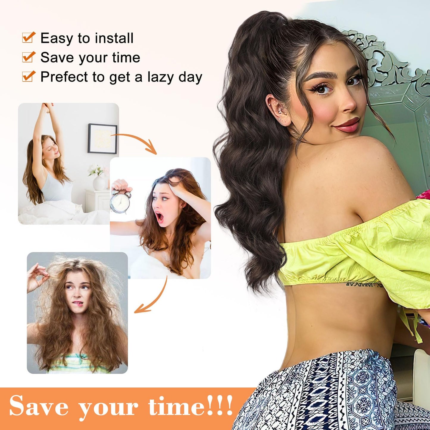 Stamped Glorious Black Ponytail Extension-22 Inch Long Body Wave Pony Tail Hair Extension,Drawstring Ponytail for Women,Synthetic Hair Extension Ponytail(Color:Black)