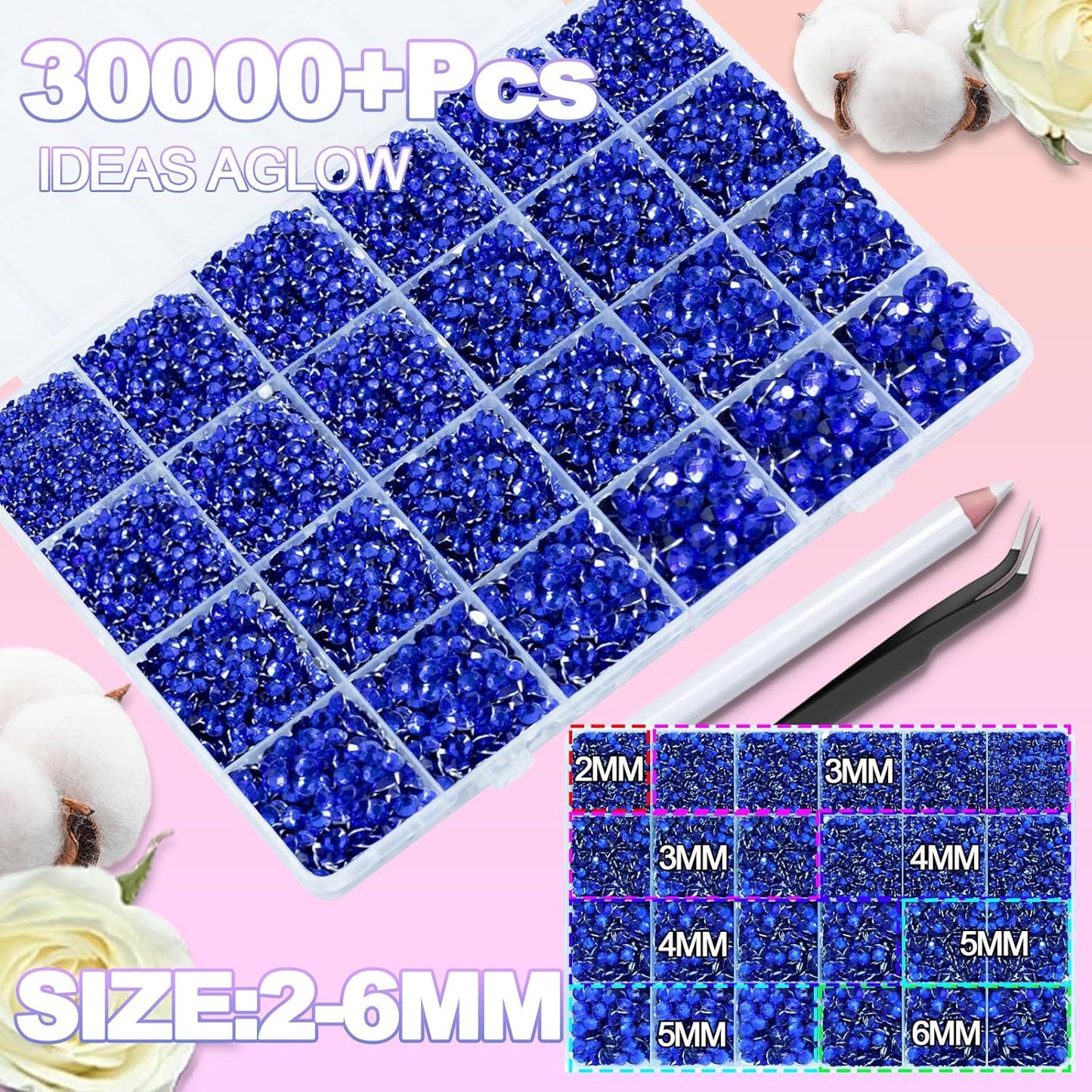 Jelly Rhinestones - 30,000+ Royal Blue Flatback Gems Kit | 2-6mm with 3Pcs B7000 Jewelry Glue for Crafts & Nail Art