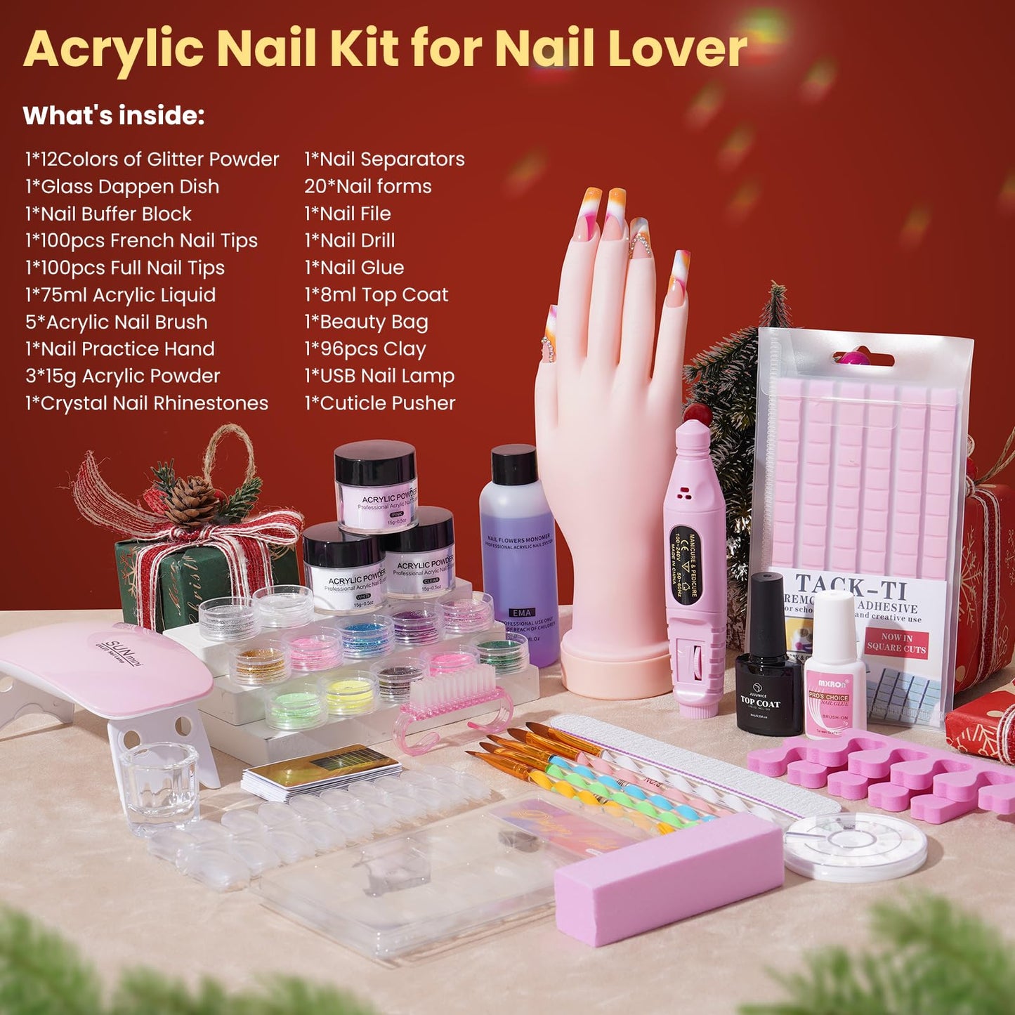 Nail Kit for Beginners with Everything: Practice Hand Acrylic Nail Set Professional Powder Drill Liquid Starter Kits with U V Lamp in Cosmetic Gift Bag for Women Salon Home (Sliver)