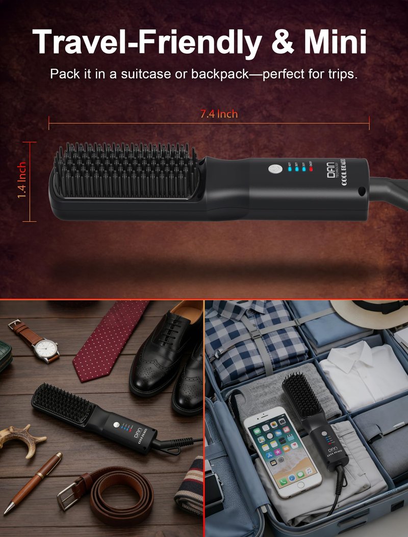Beard Straightener for Men, Tourmaline Ceramic Heated Beard Brush with Anti-Scald Design, 3 Heat Settings for Medium to Long Beards, Beard Grooming Kit,Father's Gift