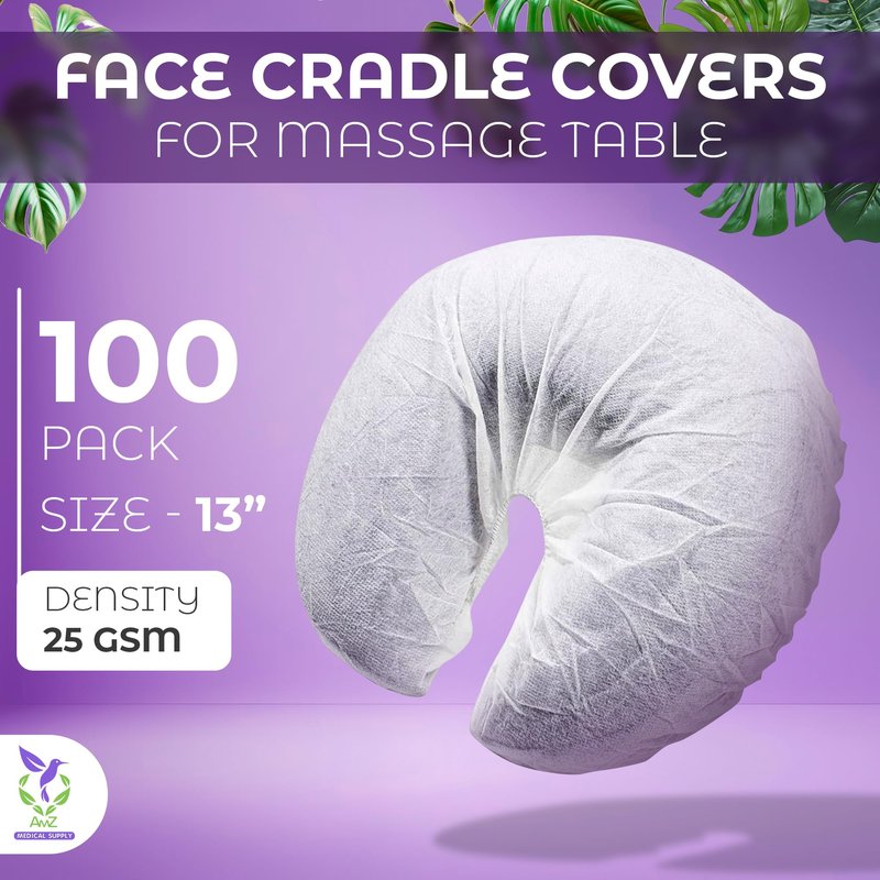 AMZ Medical Supply White Disposable Face Cradle Covers for Massage Table, 13 Inch. Pack of 100 Soft Polypropylene Massage Table Face Cradle Cover. 25 GSM Massage Table Head Rest Covers for Spa Salon