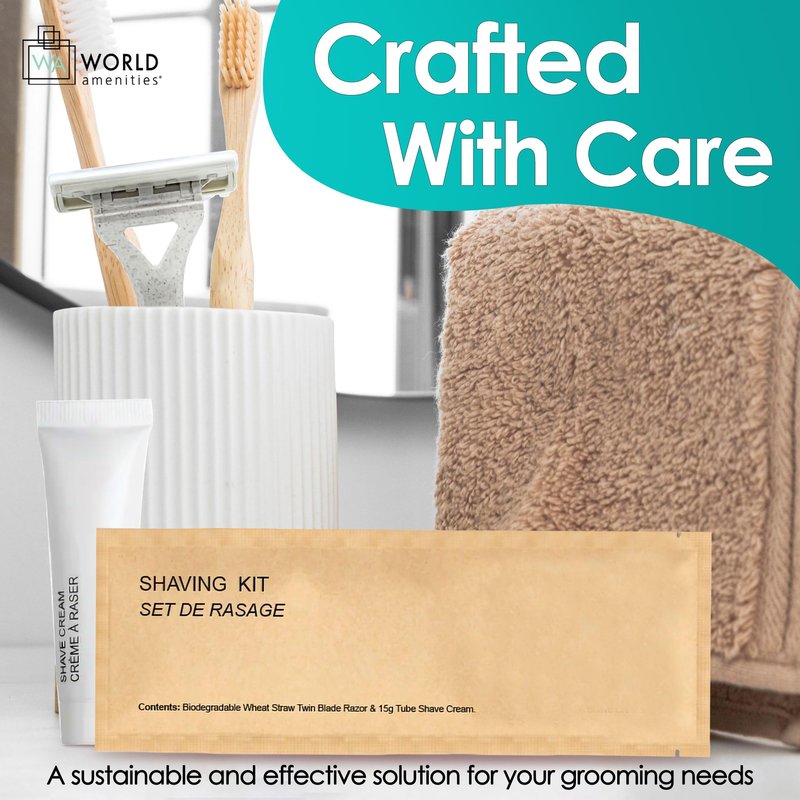 World Amenities Kraft Paper Shave Kit - Bulk Homeless Care Package - Dual Blade Safety Razor and Shave Cream Set (50 Pack)