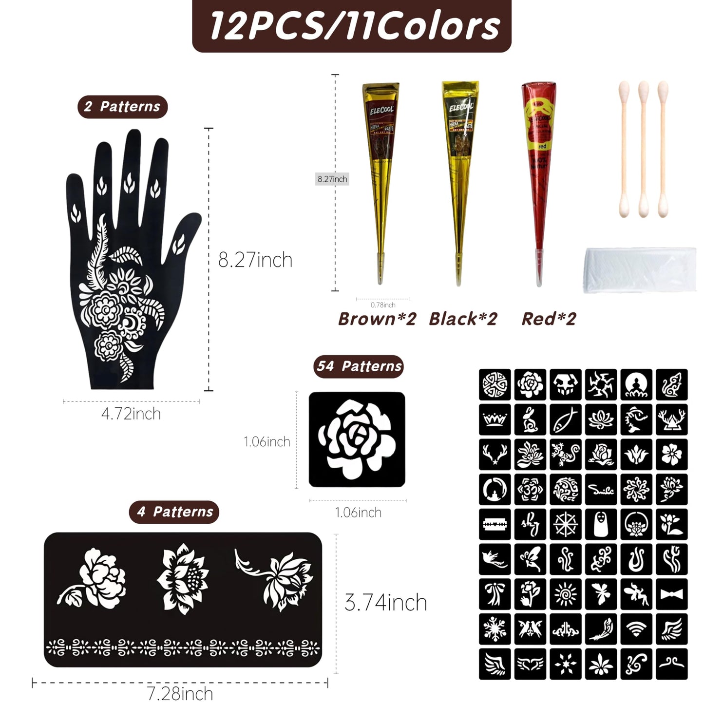 Temporary Tattoo Kit,Temporary Tattoos Stencils Kit (2*Brown,2*Black,2*Red),9 Sheets,Waterproof,DIY Body Art for Women Men