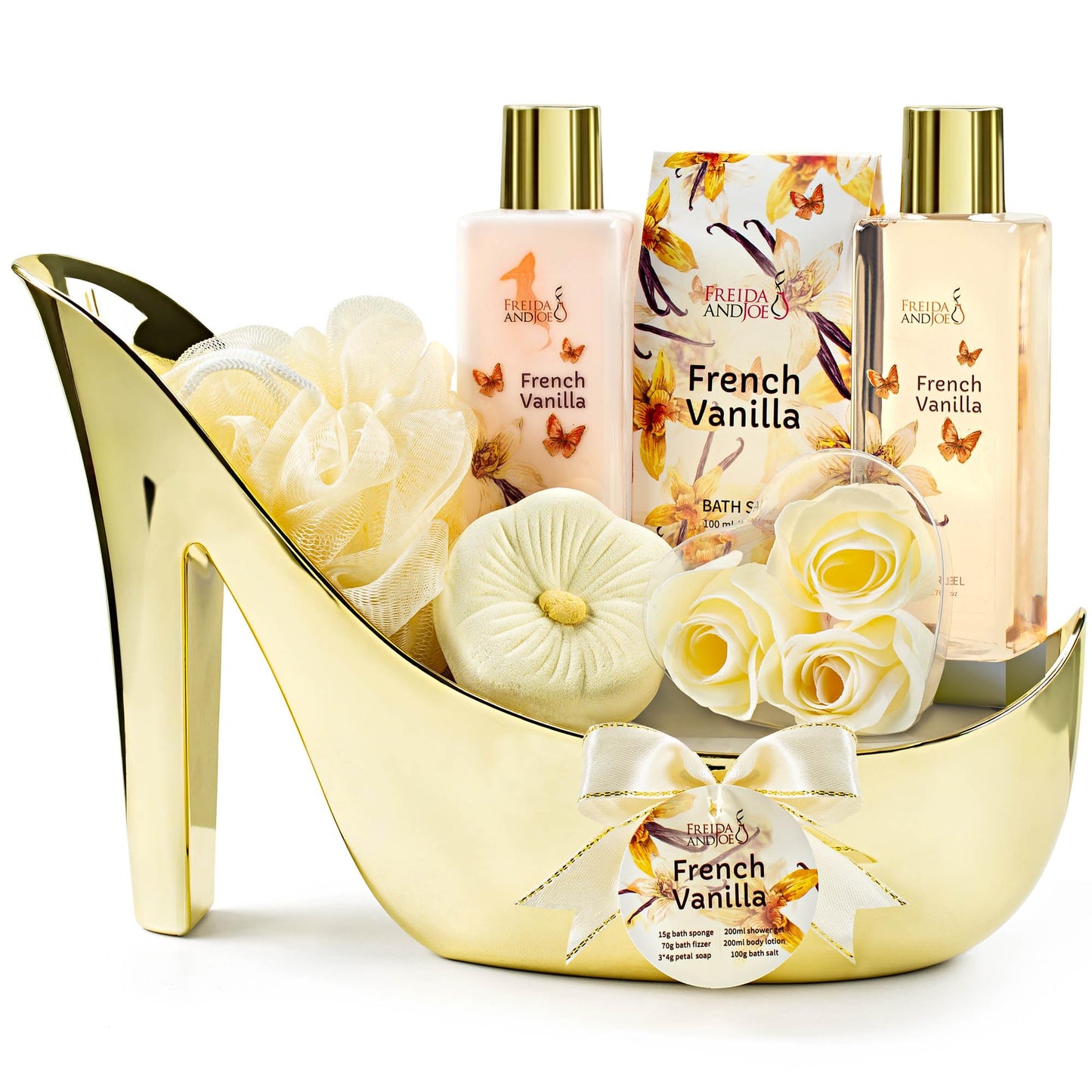 Elegant Bath Set in High Heel Shoe – Luxurious Spa Gift Basket for Women, Includes Shower Gel, Body Lotion, Bath Salts, Soap Flowers, Bath Fizzer & Sponge (French Vanilla) – Mother's